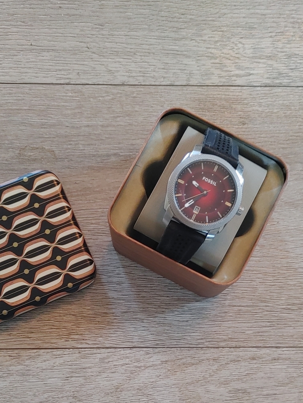 Fossil Men's Black Strap Watch with Red Sunburst Dial